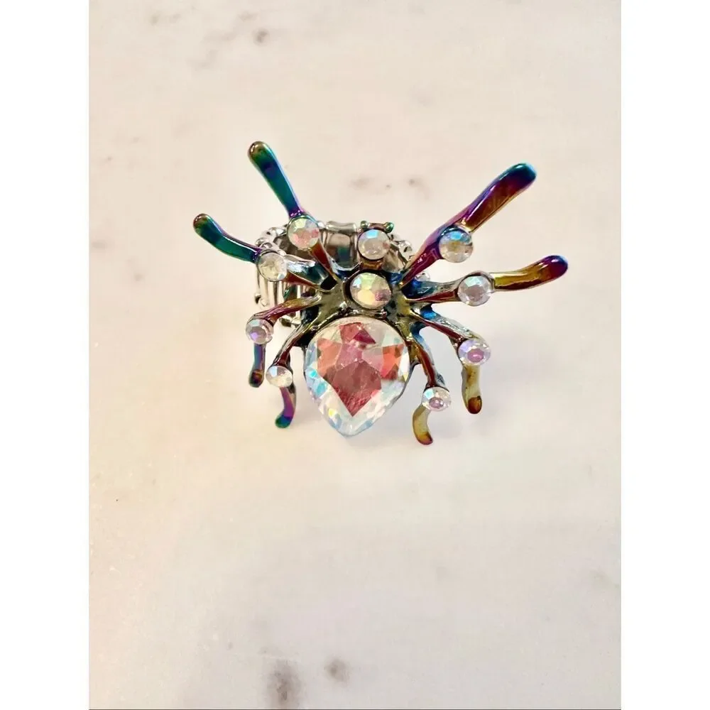 Iridescent spider rhinestone adjustable ring
